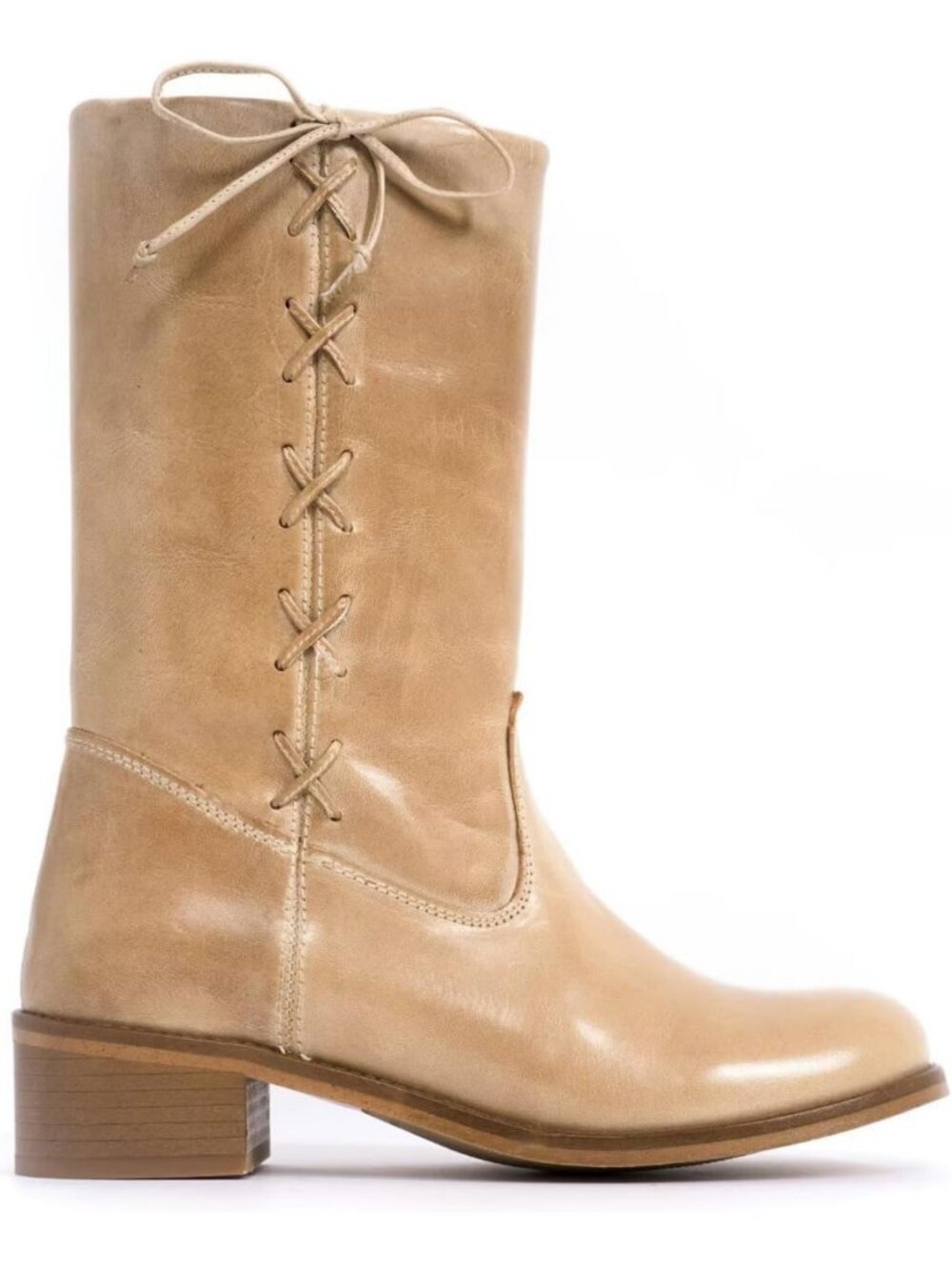 Vintage Mid Calf Riding Boots for Women, Side-Lace Chunky Block Heel